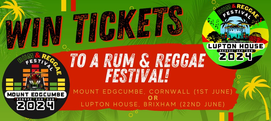 Don't miss your chance to WIN tickets to @MissIvyEvents's Rum & Reggae Festival! 🥥🌟 You could win 2 adult tickets plus a £40 drinks token to the Rum & Reggae Festival at either Mount Edgcumbe (1st June) OR Lupton House (22nd June)🍹🎶 Enter now!⏰👇 discoverdartmouth.com/win-tickets-to…