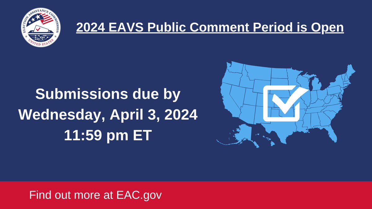 TODAY is the last chance to submit public comments and feedback on questions and improvements to @EACgov Election Administration and Voting Survey (EAVS). Submit your comments at: regulations.gov/document/EAC-2…