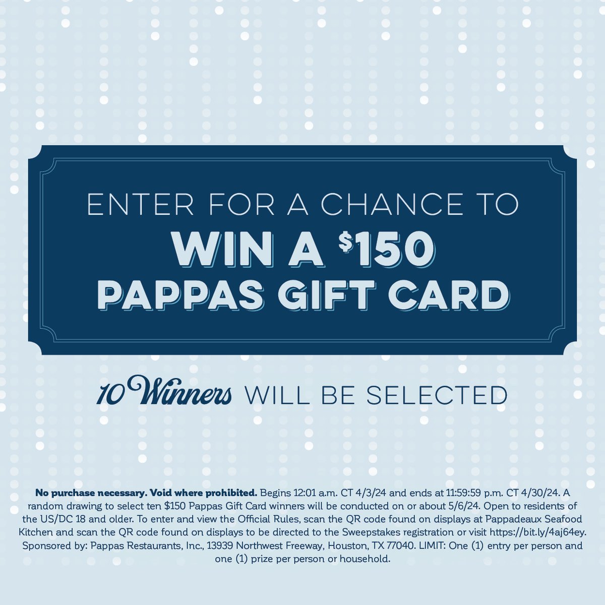 April showers bring Pappas prizes! Enter now for a chance to win a $150 Pappas gift card. bit.ly/4aj64ey No Purch Nec. Ends 4/30/24. US only; 18+. Entry/Rules: bit.ly/4aj64ey Void where prohibited.