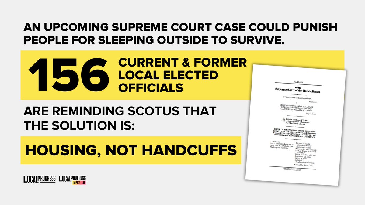 The solution to homelessness is a stable home – not jail. 150+ local elected officials signed onto this brief reminding SCOTUS that #HousingFirst is the most humane & effective way to address homelessness. 🧵 📝: localprog.org/GrantsPassBrief #JohnsonvGrantsPass #HousingNotHandcuffs