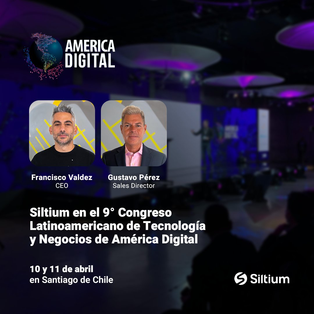 Siltium en el 9° Congreso Latinoamericano de Tecnología y Negocios de <a href="/americadigital2/">Congreso America Digital</a> 🌐

Nuestro CEO, <a href="/franjvaldez/">Francisco Valdez</a> junto al representante de Sales para LATAM y España, Gustavo Pérez, participarán de este evento que se llevará a cabo el 10 y 11 de abril en Santiago de Chile 🗓️