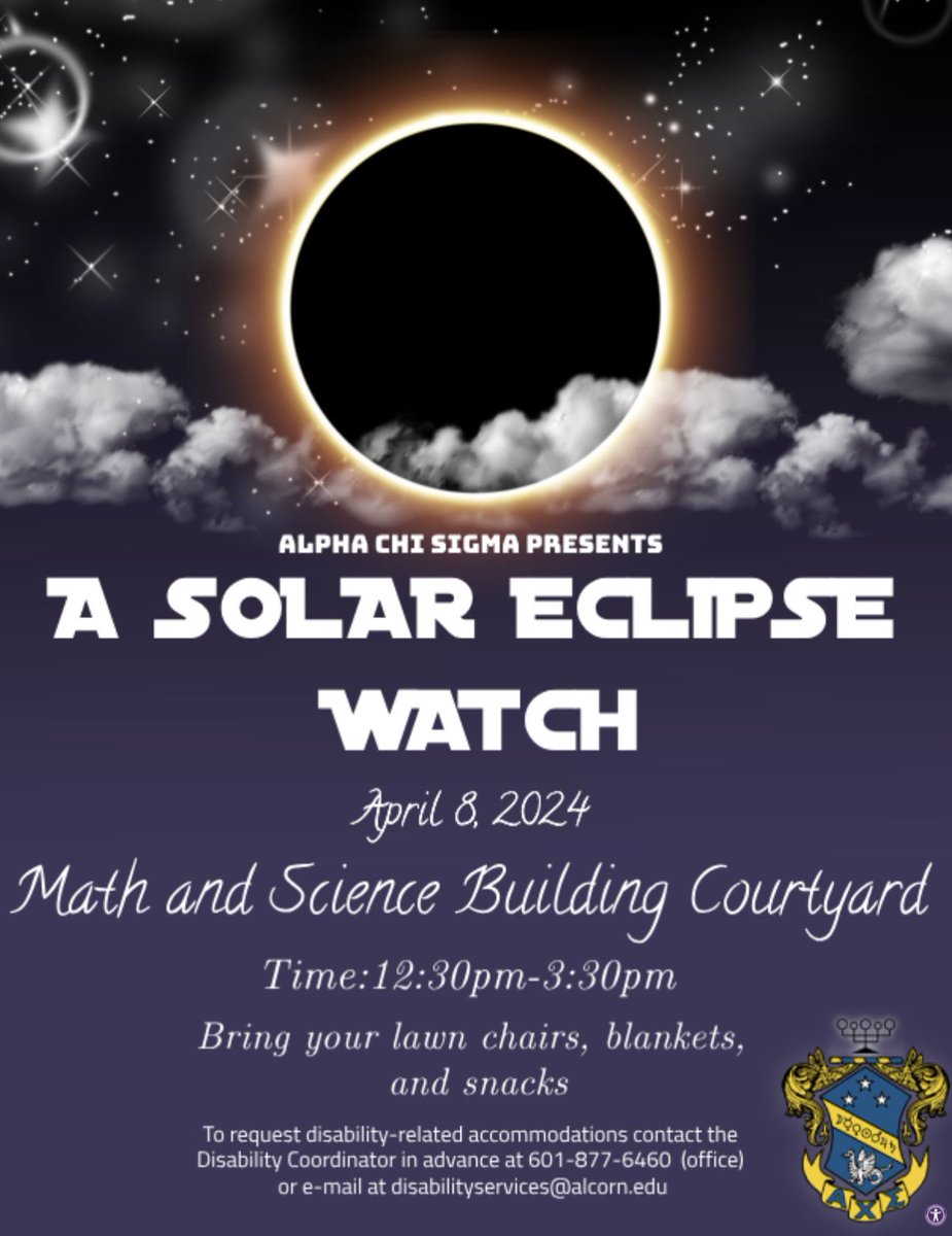 The brothers of Delta Beta Chapter of Alpha Chi Sigma is hosting solar eclipse watch on Monday, April 8th!  Please come and enjoy the watch with us! Hope to see you all there! Don’t forget you all chairs, blankets, and snacks! 💙💛🌒