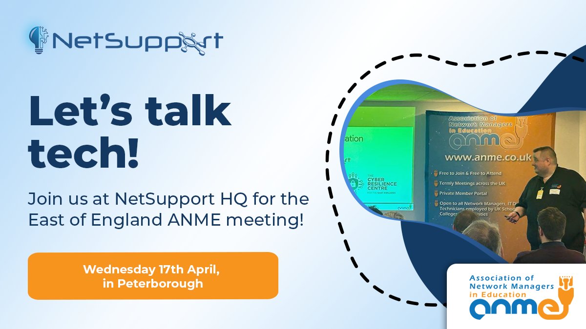 NetSupportGroup's tweet image. Level up your school network with the @theANME East of England Meeting!   Join us at NetSupport HQ on April 17th for demos, discussions &amp;amp; free lunch. Register for free here - mvnt.us/m2362948

#TechSkillsUpgrade #EdTech