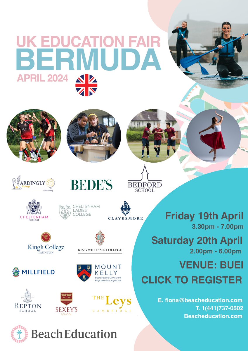 Meet our friendly Admisisons staff at the #BUEI in #Bermuda 19-20 April 2024. Find out how attending a Boarding School in the UK can benefit your child. Register at beacheducation.com

#BeachEducation #BoardingSchools