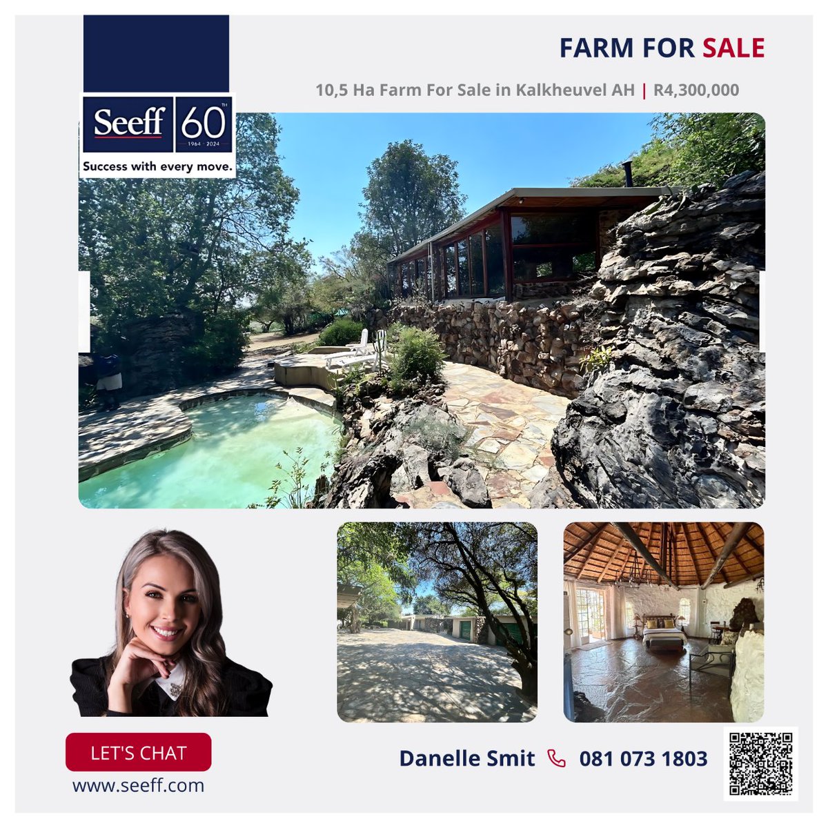 REDUCED to R4300000!! 10-hectare farm in tranquil Kalkheuwel. Jacuzzi, wine cellar, and more. Two flatlets generate rental income. Includes staff quarters, entertainment area with pool, and agricultural potential. i.mtr.cool/updcngmrni