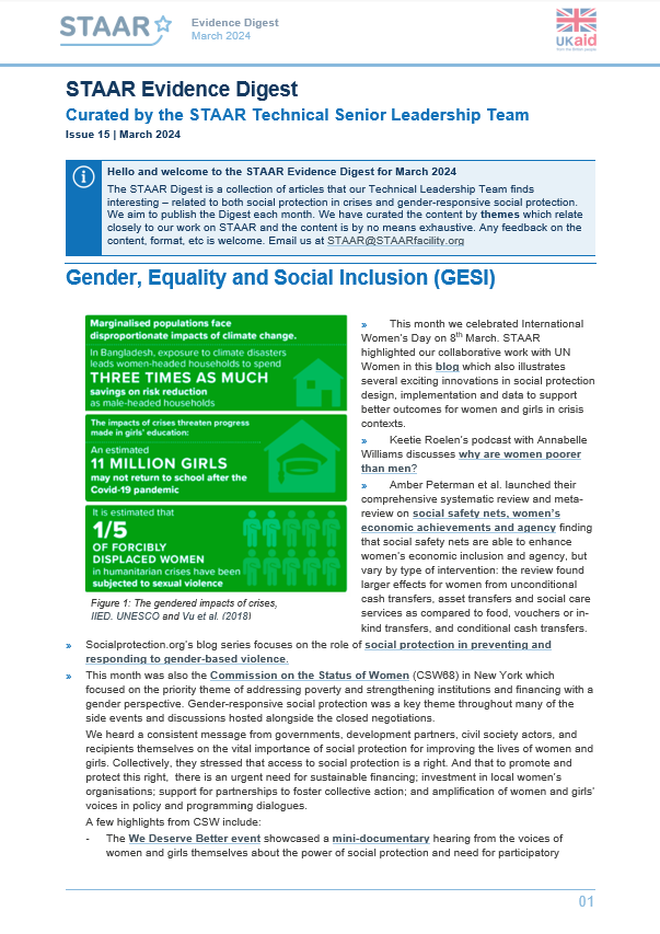 (1/2) ⭐ Issue 15 of the STAAR Evidence Digest is now live on the socialprotection.org platform! Click the link below to read the latest emerging information on #socialprotection in #crisissettings, #socialprotection and #cashvoucherassistance and #GESI.