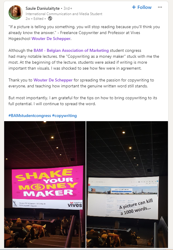 Wouter De Schepper (@wdeschepper) on Twitter photo Ik weet het. Alle how-to's zeggen dat je niet mag linken van de ene social naar de andere. Maar bij deze kan ik het niet laten.
#copywriting
Ook zin om mijn keynote te zien & horen? Bel mijn manager. Of nee wacht, die heb ik niet... Gewoon een DM lukt wel.
linkedin.com/posts/saule-da… Ik weet het. Alle how-to's zeggen dat je niet mag linken van de ene social naar de andere. Maar bij deze kan ik het niet laten.
#copywriting
Ook zin om mijn keynote te zien & horen? Bel mijn manager. Of nee wacht, die heb ik niet... Gewoon een DM lukt wel.
linkedin.com/posts/saule-da…