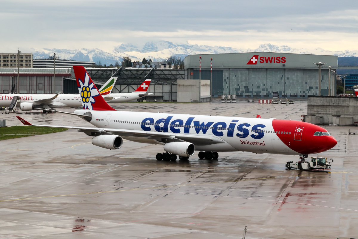 #EdelweissAir HB-JMG #A340 during pushback at #ZRH #Zurich 🇨🇭🛫