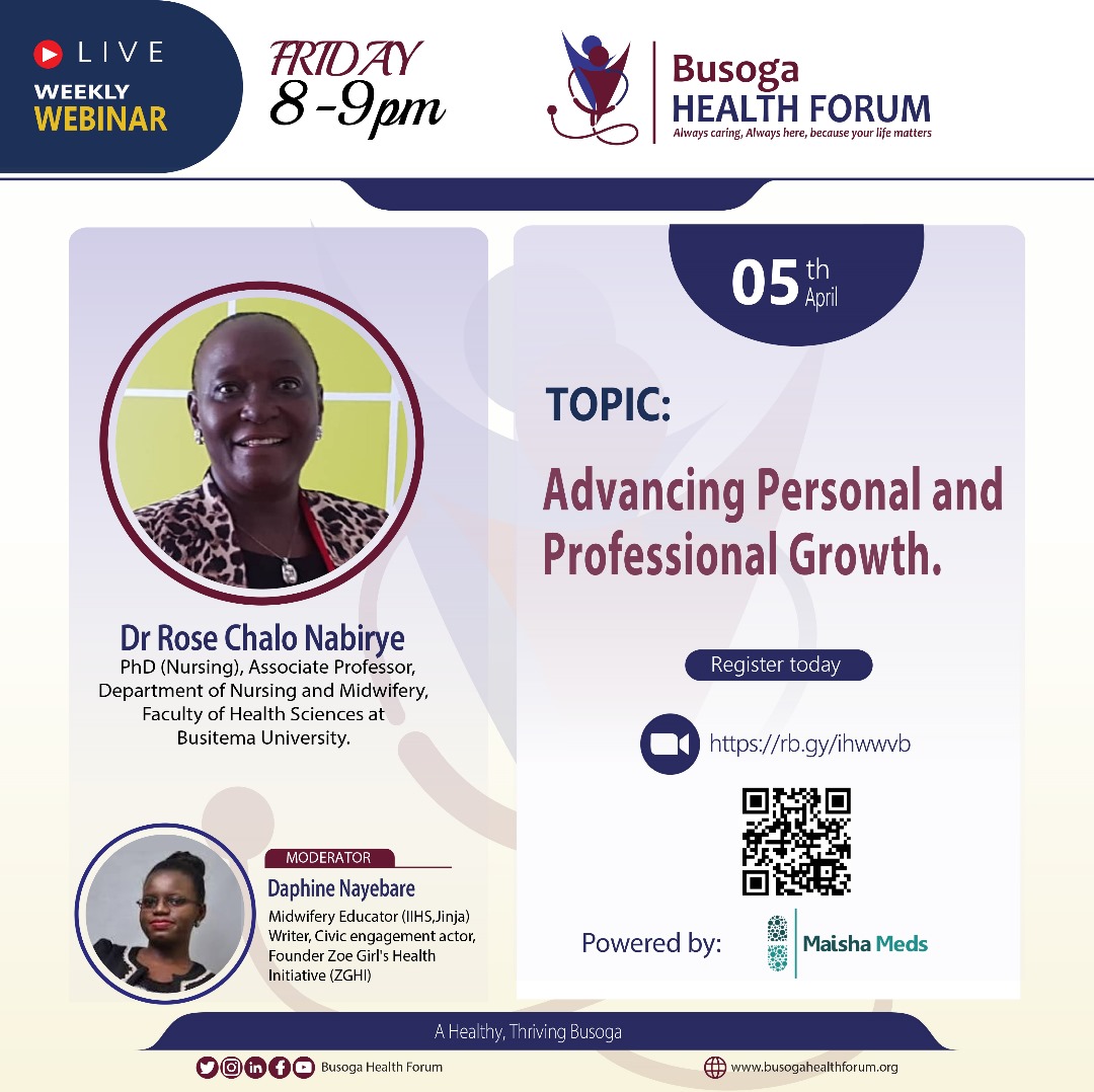 This week, Dr Rose Chalo Nabirye, PhD, Associate Professor, Department of Nursing and Midwifery, Faculty of Health Sciences at Busitema University will discuss Advancing Personal and Professional Growth. Join us this Friday at 8:00pm, register here. rb.gy/ihwwvb