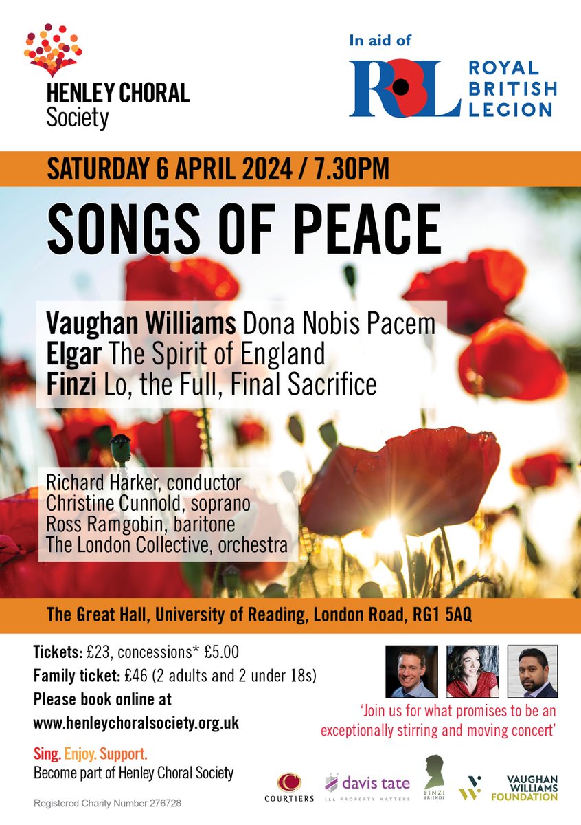 Calling all @PoppyLegion members & supporters - come & enjoy this concert of British composers on peace, service, sacrifice. Sat 6 Apr, #Reading @HenleyPoppies @BerkshirePoppy @rblmarlowclub @RBL_Wargrave Tickets here: buytickets.at/henleychoralso…