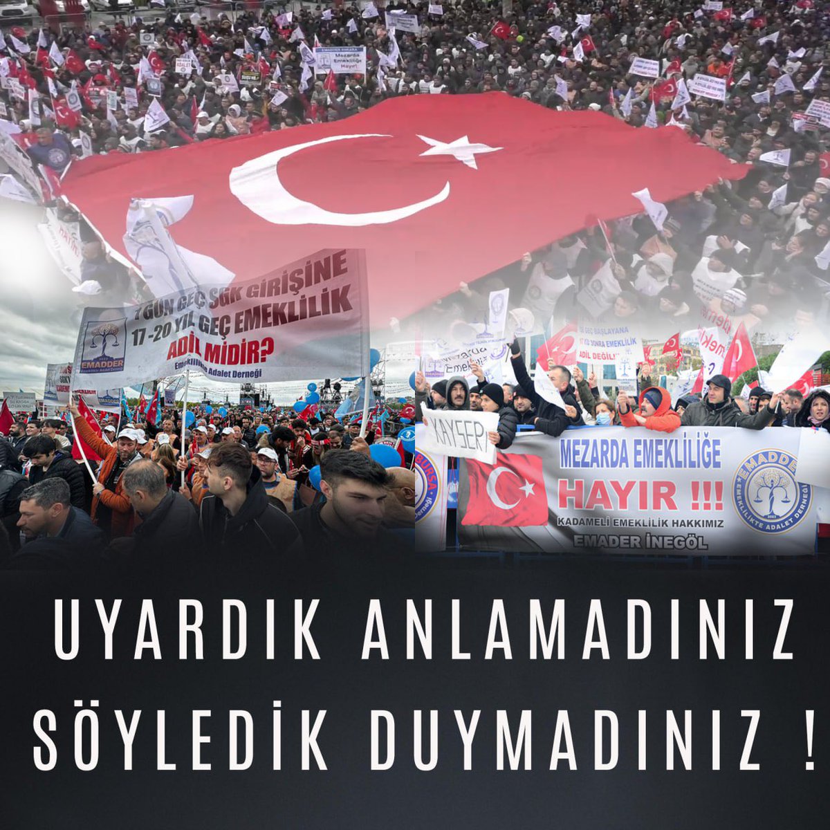 EmadDernegi's tweet photo. EYT sonrası 1 gün işe geç girdi diye akranların, benzer prim günündeki çalışanların 17-20 yıl geç emekliliğine imza attılar…

Onlara sesimizi duyurmak için elimizden geleni yaptık ama bir türlü sesimizi duymadılar…

Bizi duymayanı bizim de duymayacağımızı söylemiştik, günahın bizden gittiğini söylemiştik…

Artık bu ülkede 8 Eylül 1999 sonrası halkı göz ardı ederek iktidar olma devri bitmiştir…

Çıkan yerel seçim sonuçlarının tüm ülkemiz için hayırlı, uğurlu olmasını dileriz…

@zahidsobaci @serdarkaragoz @burhanduran @hilal_kaplan
@oguzhanbilgin @atlas_ilayda @veyselkurt_ @zafersahin06
@sebnembursali @BelksKlkaya @UNAL_KAYA @mrvbaskurt @mustafayildiztv @hakanchelik @OsmanGokcek_ @MustafaKartalo8 @SamiDadaglioglu @abdulkdir_selvi @ahmethc @eminpazarci @fatih_selek @aysebohurler @HuseyinLikoglu @hby34 @snnburhan @halimekokce @abdullahkarakus @turgayguler @kelkitlioglumrt @ekremkiziltas @Bekir_Hazar @_yazboz @nibenka @NuhAlbayrak @Nagehanalci @ibrahimkaragul @VahapMunyar @nurielibol60 @BekirTiryakii @Verda_Ozer @Ahmet_K_Han

#2000LereAcilAdalet