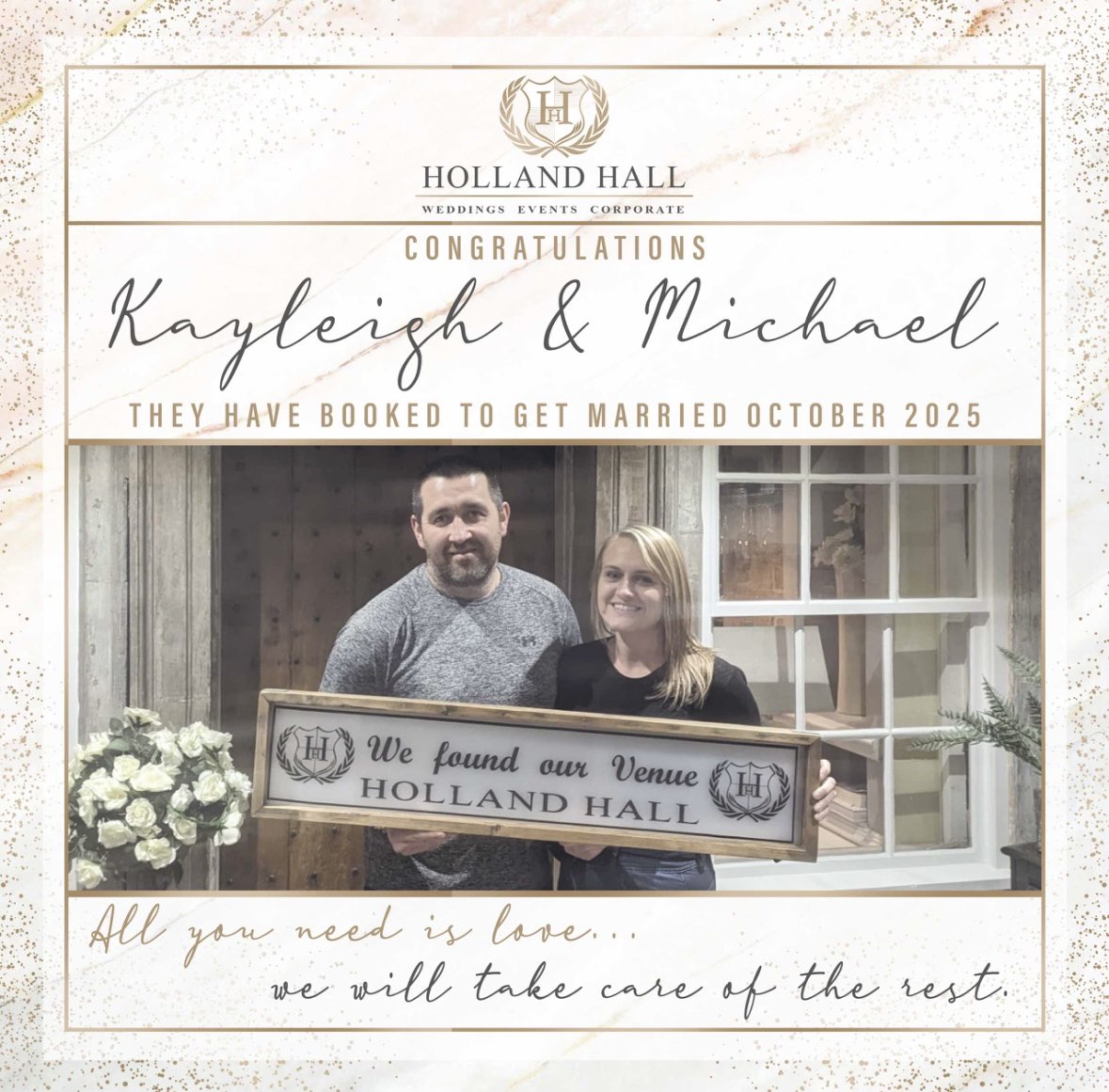 Congratulations Kayleigh & Michael! They have booked to get married October 2025! 🤍💗💒 

All you need is love…we will take care of the rest. ❤️😍🫶🏼

#Wedding2026 #DreamVenue #Love #bespokewedding #AllYouNeedIsLove #hiddengemofwestlancs 
#Wedding2024 #Wedding2025 #Lancashire