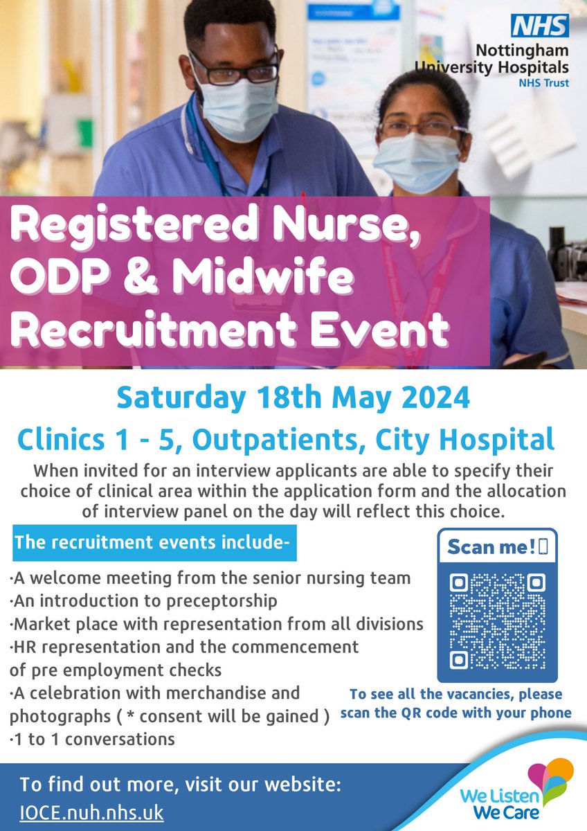 @nottmhospitals are recruiting! Our next recruitment event is on Saturday 18th May! We are looking for Newly Qualified Nurses and more! The closing date is 22/04/24 To find out more, apply and see what other jobs are on offer visit our website: ioce.nuh.nhs.uk/courses-and-ev… @NUHCareers
