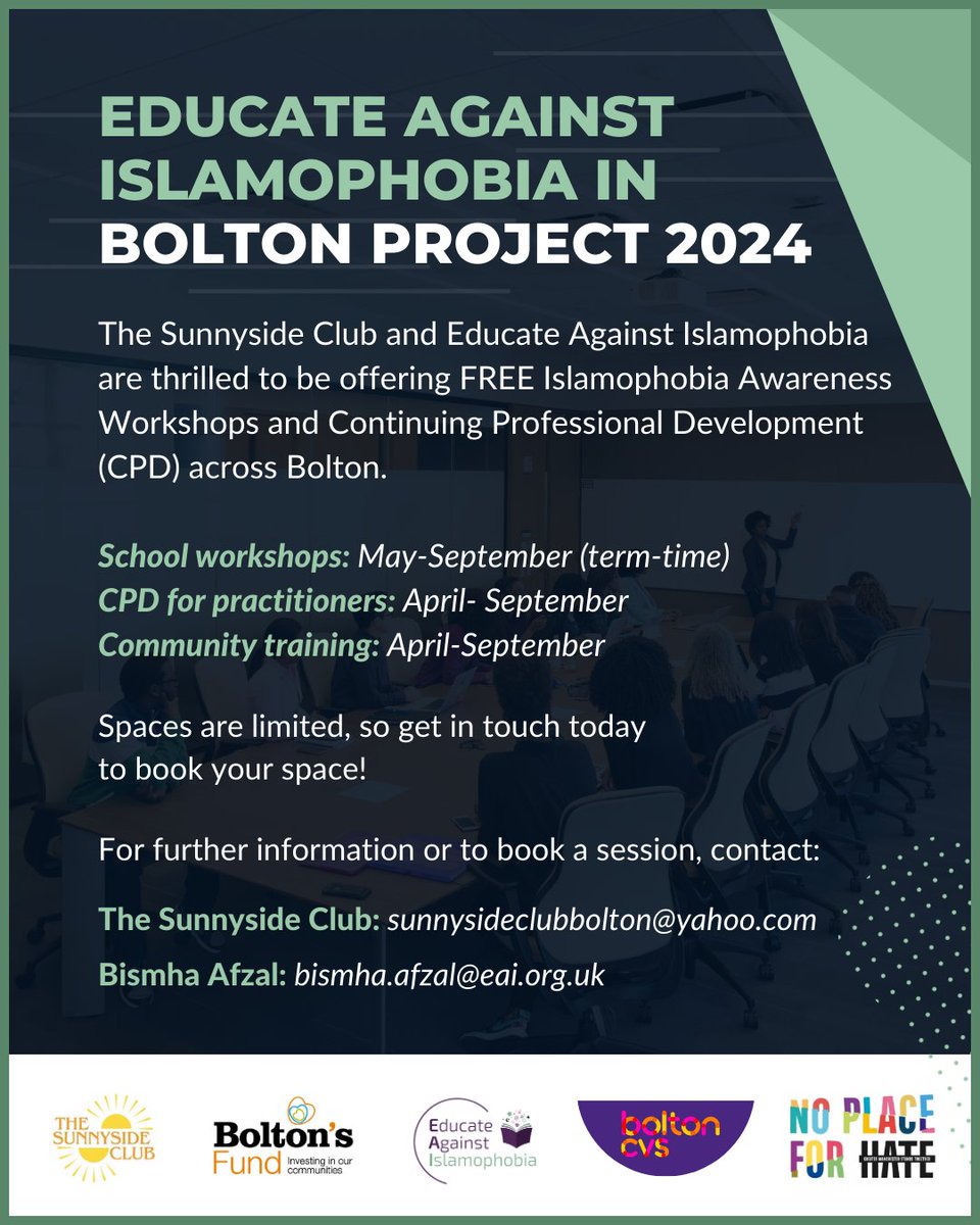 We are delighted to be partnering with The Sunnyside Club to raise awareness of #Islamophobia through the delivery of school workshops, CPD sessions and community training across #Bolton. Book a session today and join us in combating Islamophobia! bismha.afzal@eai.org.uk