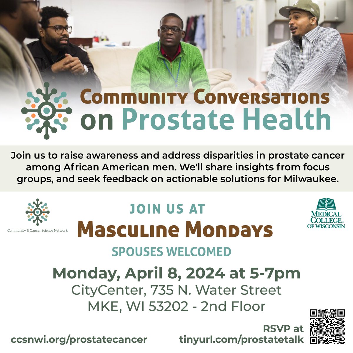 Join the Community and #Cancer Science Network for a discussion on prostate health! Help raise awareness of #ProstateCancer in African American men, and provide important feedback on ways to reduce disparities. RSVP to join us on April 8th: mcwisc.co1.qualtrics.com/jfe/form/SV_56…