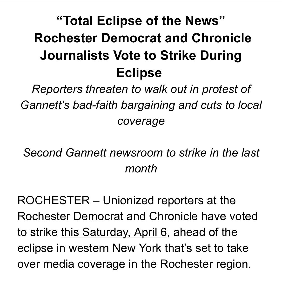 It’s an exciting day for journalists at the D&C. Yesterday we voted unanimously to strike starting Saturday unless @Gannett agrees to a fair contract by then. This much is for certain: whether it’s this week, next week or some time after that, we’re going to get a fair contract.