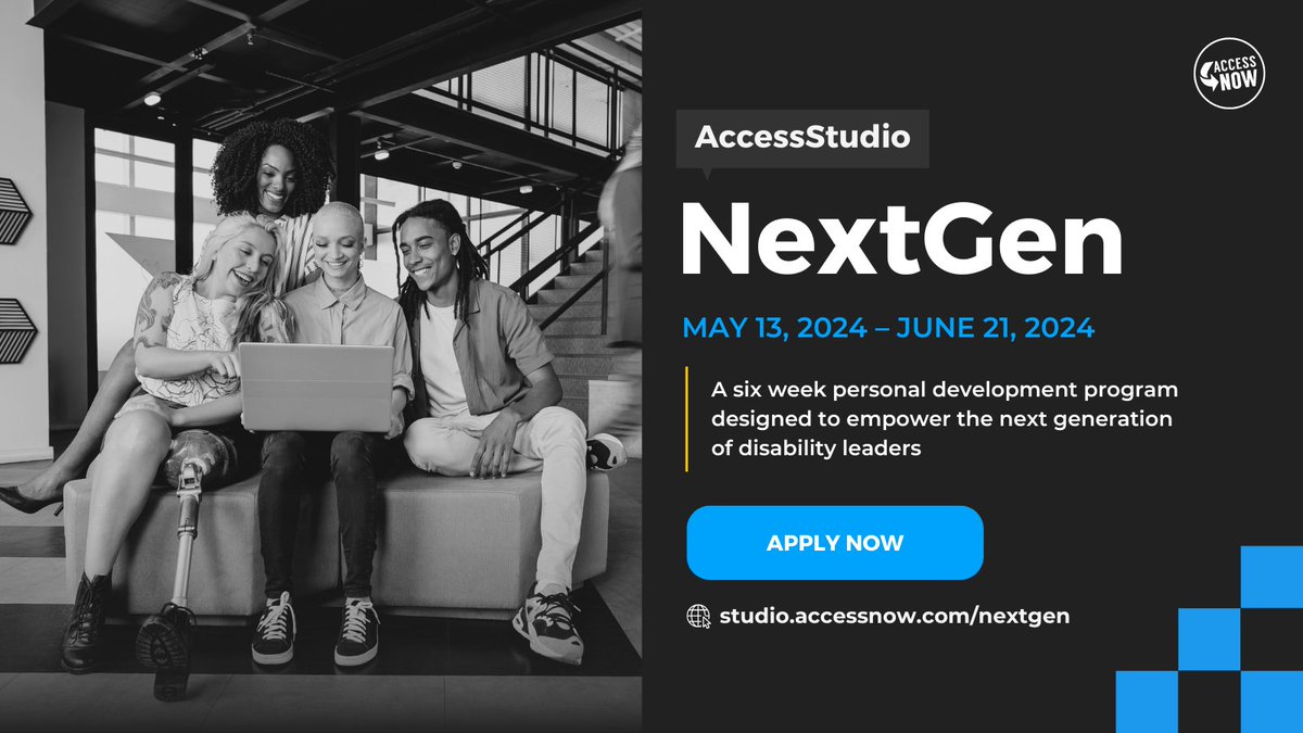BIG NEWS! 🎉 We are excited to launch the AccessStudio: NextGen program! #NextGen is a six week personal development program designed to empower and uplift the next generation of disability leaders. Learn more and apply now: studio.accessnow.com/nextgen

#AccessNow #AccessibleCanada