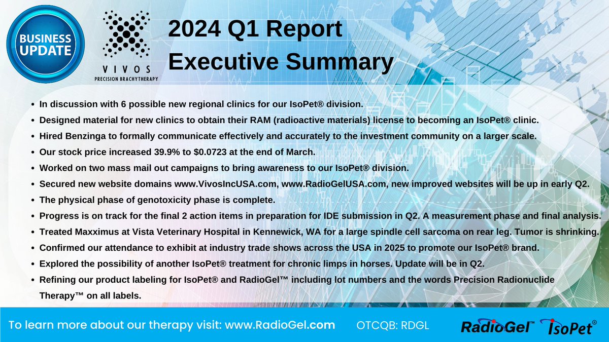 A brief overview of our first quarter. It's been a busy three months as we are updating our websites, certifying new clinics, preparing new marketing material and are on track to open our RadioGel™ division in Q2. #VivosIncUSA #RadioGel #IsoPet $RDGL