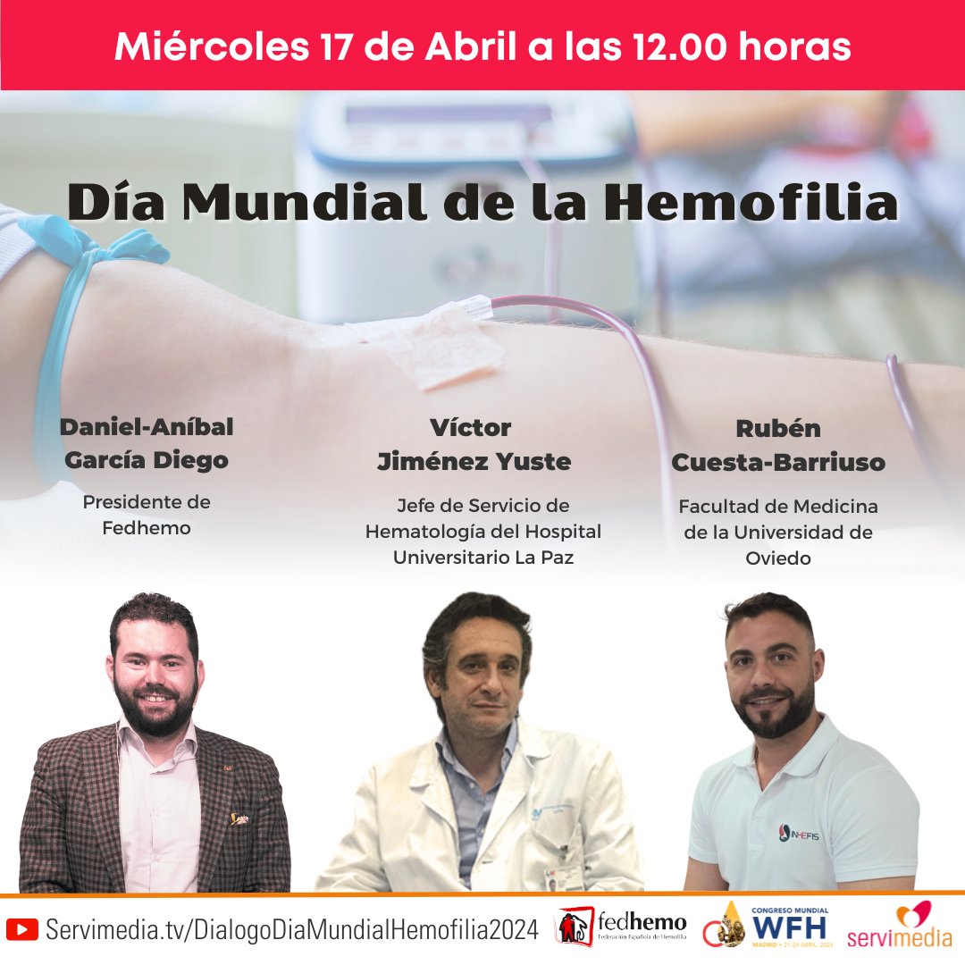 🆕Nuevo #DiálogoServimedia 🩸Hablaremos sobre el Día Mundial de la Hemofilia 👥Contaremos con representantes de @fedhemo, @LaPaz2030 y la @uniovi_info 🗓️El miércoles 17 de abril a las 12:00 ✍️Inscríbete servimedia.es/dialogos/dia-m…