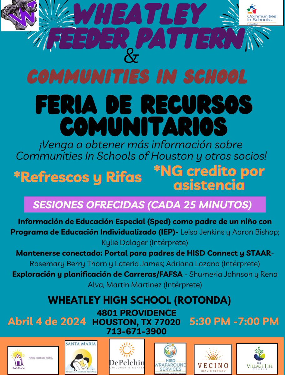 WeLoveWheatley's tweet photo. Community Resource Fair/Feria de Recursos Comunitarios @WeLoveWheatley April 4, 2024 5:30pm-7:00pm. https://t.co/b8s6C9m1RI