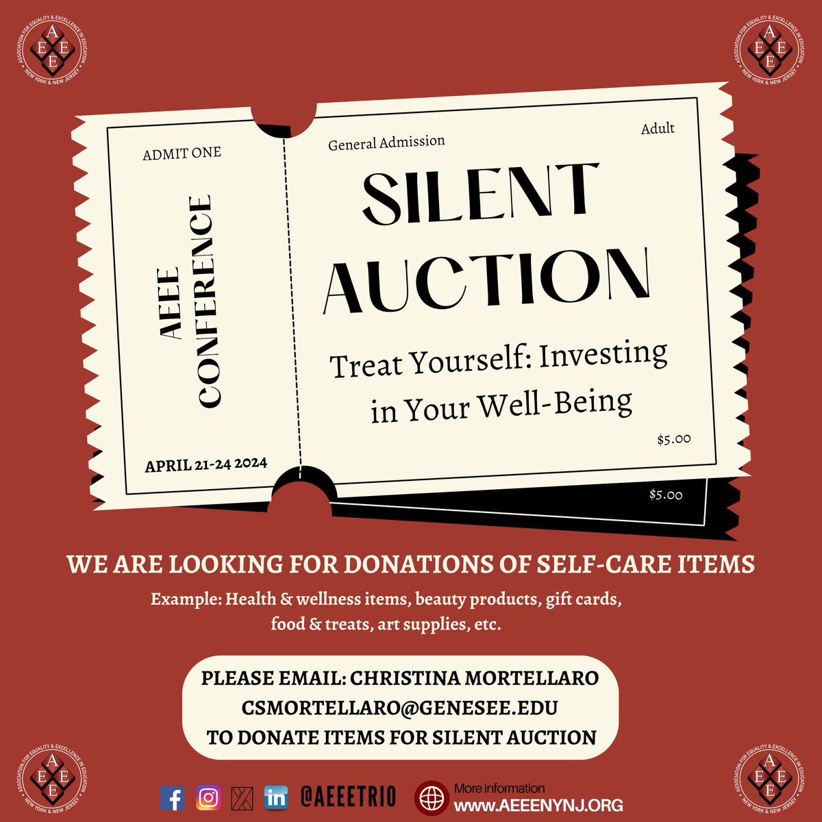 Donate to our Silent Auction! Proceeds will go to support student scholarships, fair share, and awards!
Email Christina Mortellaro at csmortellaro@genesee.edu if you would like to donate!
Make sure to register for the conference!
#AEEE47 #AEEE #TRIO #TRIOWORKS #AEEETRIO