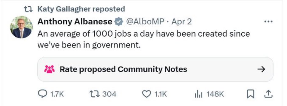 QBCCIntegrity's tweet image. This @AlboMP clown that calls himself “The Pime Minister of Australia” changes his story daily. 

Two days it was 1,000 jobs a day average. 

Today it’s 1,220 jobs a day average. 

Neither are the truth. #TimeToGoAlbo

#CancelLabor #Auspol @ABCFactCheck