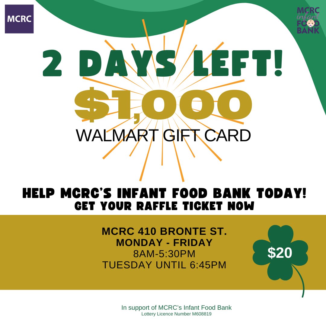 Help us make a difference! Participate in the Lucky Me Prize Raffle in support of MCRC's Infant Food Bank. Ticket sales end tomorrow! Visit mcrc.on.ca/raffle to learn more.

#Raffle #LuckyMeRaffle #GiftCardRaffle #InfantFoodBank