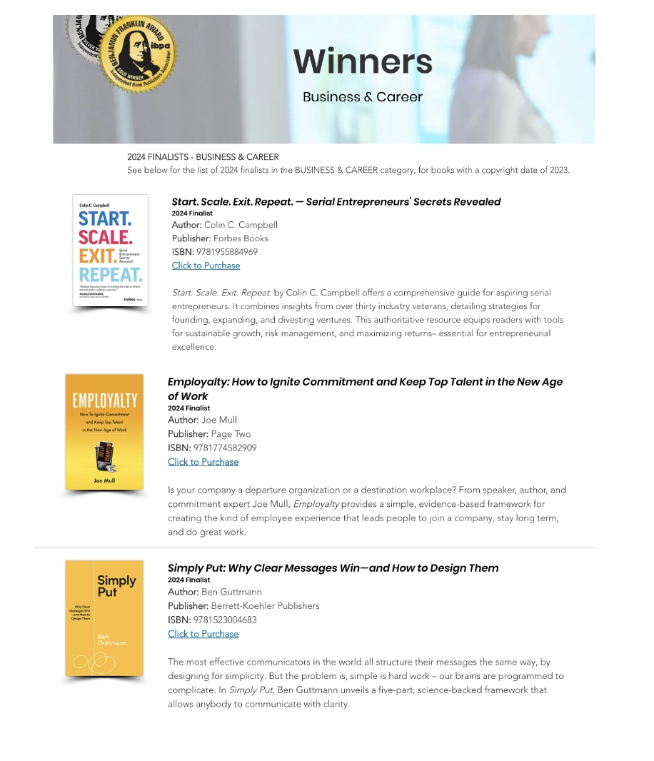 startupclub_hq's tweet image. We are so excited that Colin C. Campbell's "Start. Scale. Exit. Repeat." was named a finalist in 'Business &amp;amp; Career' for the Benjamin Franklin Award with Independent Book Publishers Association! 👏 @ibpa @ColinDotClub 

finance.yahoo.com/news/start-sca… #ibpa #business