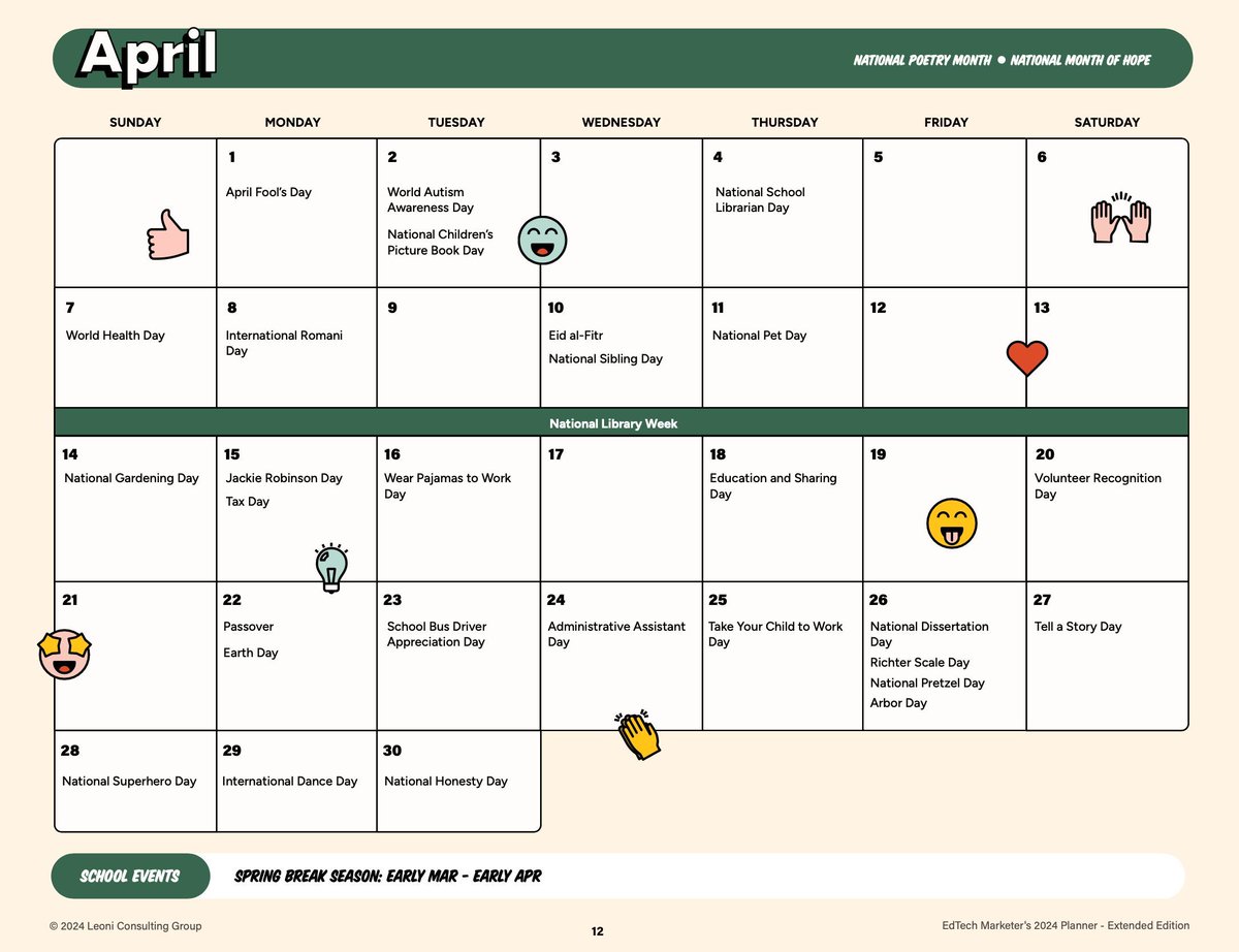 Are any of these events on your content or social media plans for April? Purchase our Extended #EdTech Marketer's Planner to align your plans to the #K12 buying cycle, plan for upcoming conferences and awards, and more: buff.ly/3Tw0nmK.