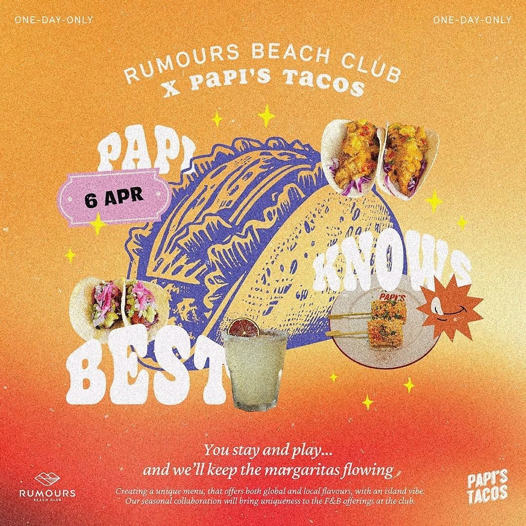 Papi’s Tacos is thrilled to announce a sun-soaked collaboration with Rumours Beach Club this April 6th! Prepare to embark on a gastronomic adventure where the zest of the beach meets the heart of Mexico. #RumoursHasIt x #PapiKnowsBest