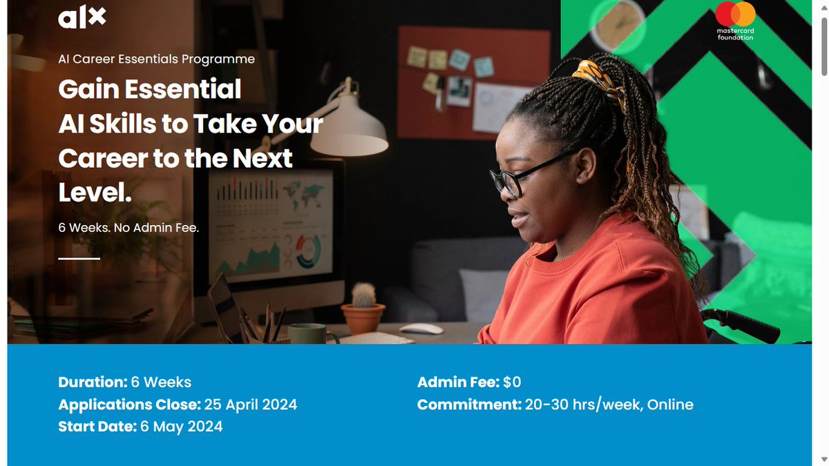SATechnologiesC's tweet photo. ALX 6 WEEKS FREE AI COURSE
Gain Essential AI skills to take your Career to the Next Level.
6 Weeks. No Admin Fee.
Application Deadline: 25th April 2024
https://t.co/SnoKjtItCm

Landmark | Abuja | Air Peace | Deborah https://t.co/KkS5djYkML