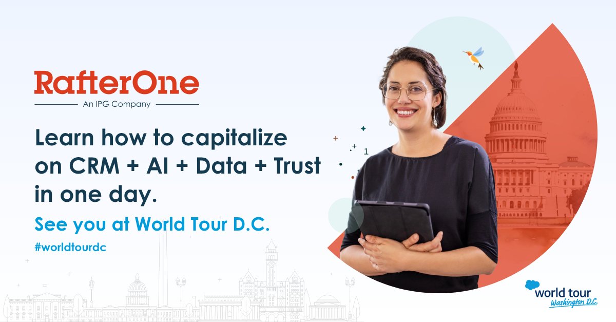 RafterOne will be at Salesforce World Tour D.C. on 10th April. Learn how to leverage CRM, AI, data, and trust to help you turn insights into action. Let’s lock in a time to connect. bit.ly/3VFrs9F

#AI #WorldTourDC #SalesforceTour #SalesforcePartners #Salesforce