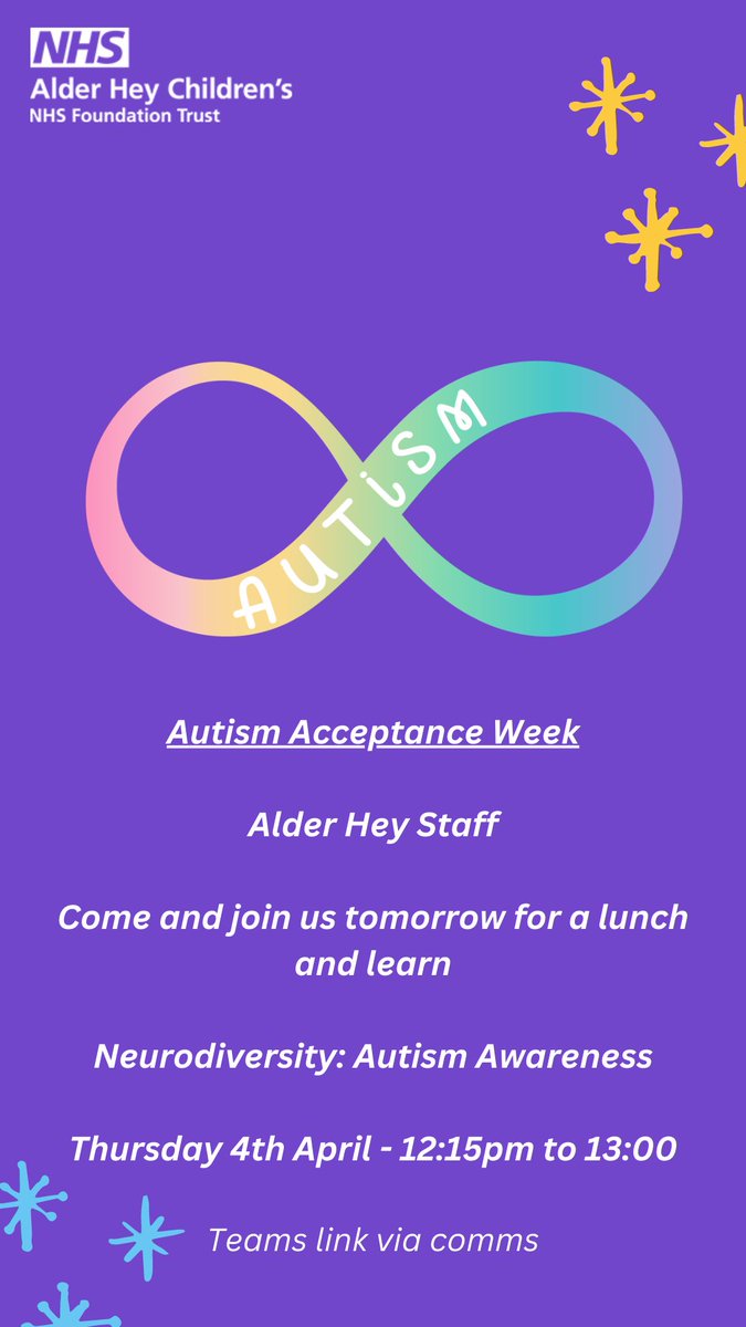 Alder Hey Staff Come and join our #AutismAwareness lunch and learn
To promote awareness &amp; acceptance of #autism. JOIN OUR PLEDGE
#wesupportalderheysautismpledge <a href="/AlderHey/">🏥 Alder Hey 💙</a> <a href="/AlderHeyACE/">Alder Hey ACE Staff Network</a> <a href="/AlderHeyCharity/">Alder Hey Children’s Charity</a> <a href="/TheForumAH/">Alder Hey Youth Forum</a> <a href="/CrisisCareAHH/">CAMHS Crisis Care @ Alder Hey</a> <a href="/CamhsSefton/">Sefton CAMHS and Sefton MHST @ Alder Hey</a> <a href="/AlderHeySLTLiv/">AlderHey Community Speech & Language Therapy Lpool</a>  <a href="/AHHSLTSefton/">AlderHey Community Speech & Language TherapySefton</a>