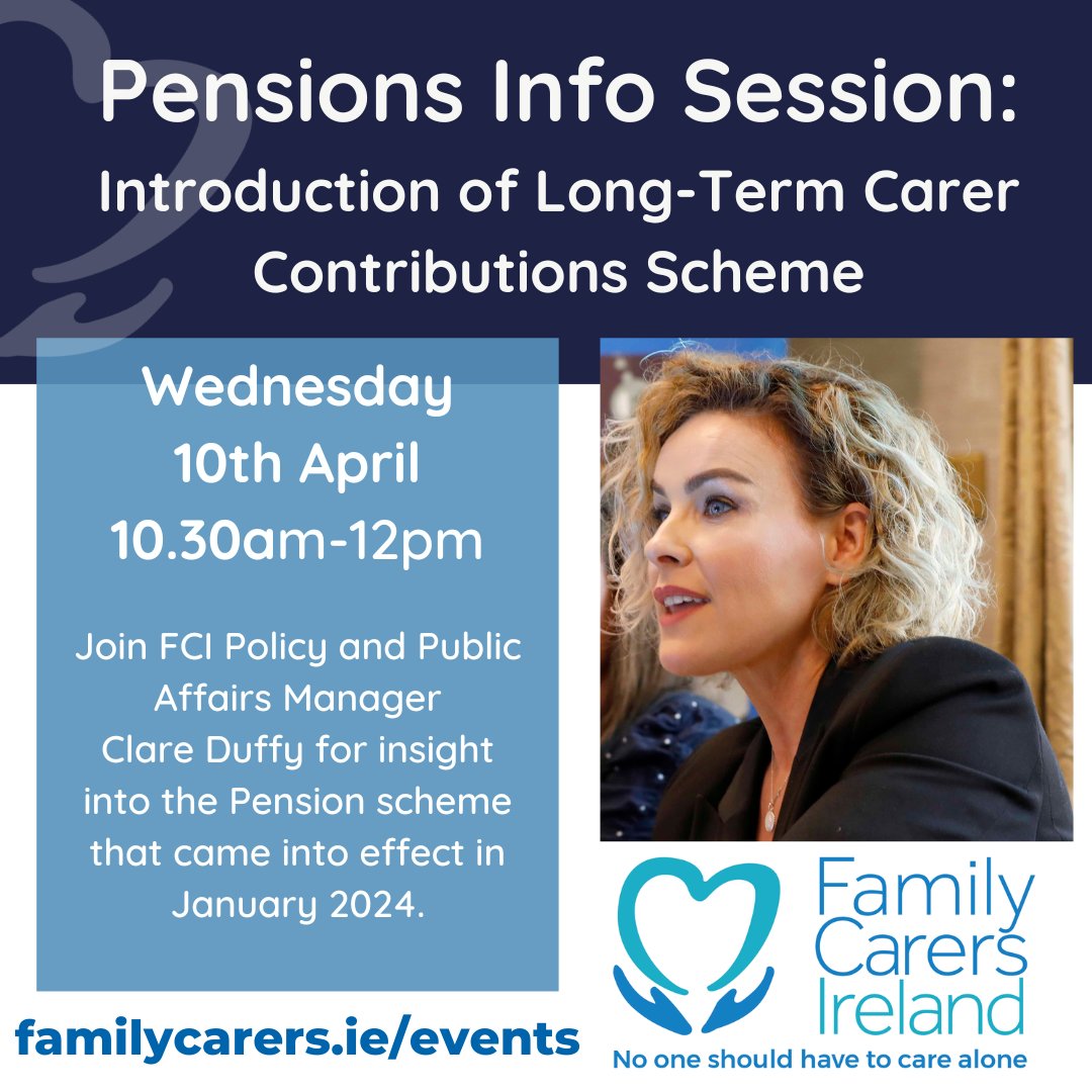 Join us on Wednesday 10th April at 10.30am as FCI’s Clare Duffy delivers a pensions information session for family carers. Register at eventbrite.ie/e/850680607597