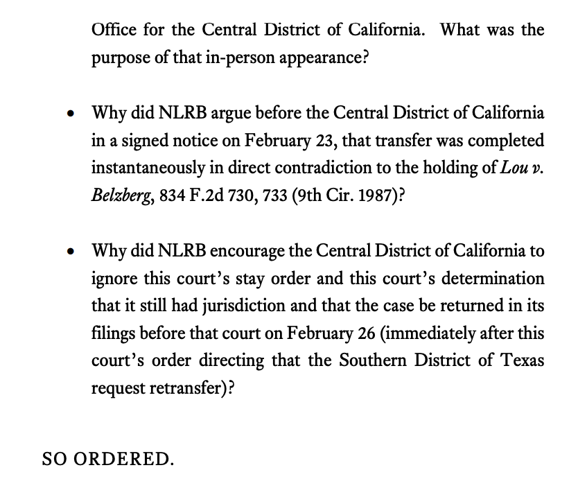 The 5th Circuit is so mad that the NLRB tried to transfer a SpaceX case to California that it's undertaking a personal investigation into the two NLRB lawyers who sought the transfer s3.documentcloud.org/documents/2453…