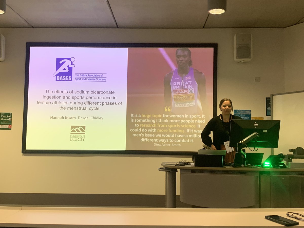 One of our amazing @DerbyUniSportEx students and @TeamDerby interns kicked us off at the BASES student conference disseminating her research into the impact of the menstrual cycle on Sodium Bicarbonate supplementation. We’re all super proud and impressed!