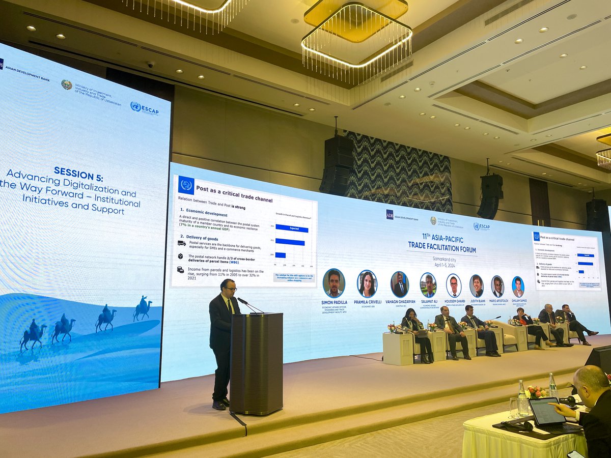 📍UPU is in Uzbekistan, contributing to the 11th #AsiaPacific Trade Facilitation Forum #APTFF🌏

With the postal network handling 2/3 of global #CrossBorder parcel deliveries, the post emerges as a powerful #TradeFacilitation & #TradeInclusion actor.

bit.ly/4cGEXfk