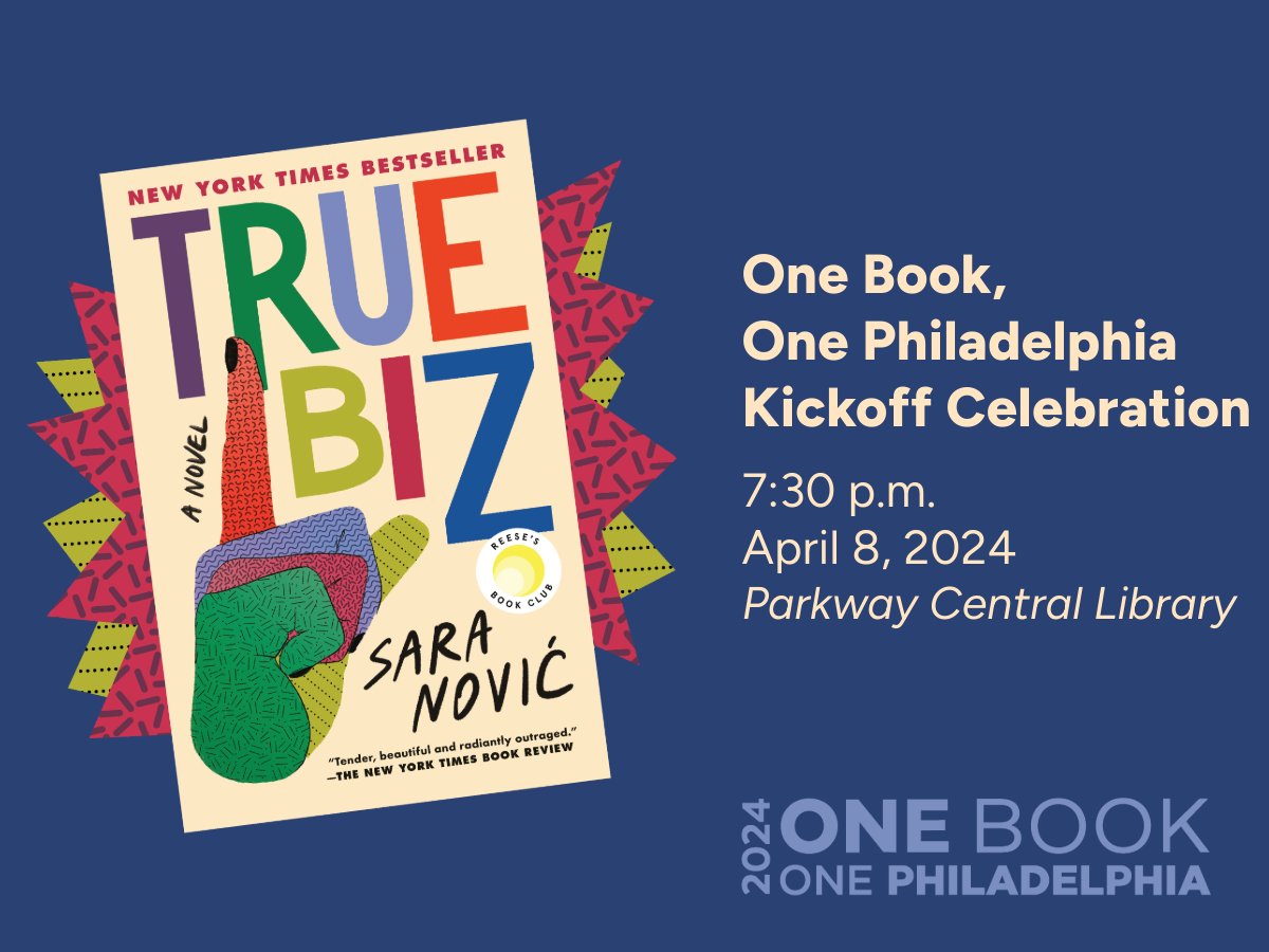 It’s #OneBookWednesday! One Book, One Philadelphia’s 2024 season kick-off is next Monday, April 8 at Parkway Central Library, where we will speak with “True Biz” author @NovicSara. The event begins at 7:30 p.m. Register now! libwww.freelibrary.org/calendar/tag/o…