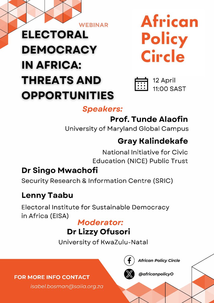 What are the challenges &amp; opportunities facing electoral democracy in Africa🔍? Join our webinar on April 12th to hear from experts!🌍

📍Register here : us02web.zoom.us/webinar/regist…

#AfricanPolicyCircle #ThinkTank #Africa #Policy #Elections2024