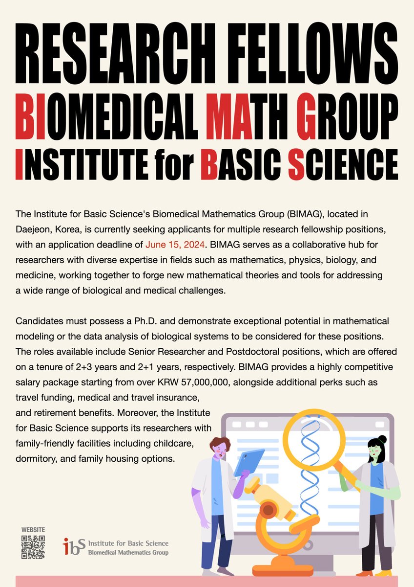 Exciting opportunities for biomedical math Postdoctoral fellows! 🌟 Join IBS BIMAG in Daejeon, Korea! No teaching, competitive salary & benefits. Explore math modeling & data analysis in bio systems. ibs.re.kr/bimag/job-appl… @SMB_MathBiology @ls_siam @ESMTBio