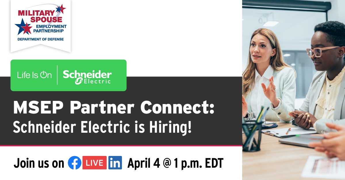 Interested in electrifying careers ⚡? Tune in this Thursday, April 4, at 1 p.m. EDT to connect live with MSEP partner @SchneiderNA, chat with a representative and learn about career opportunities in management, engineering, sales and more: myseco.militaryonesource.mil/portal/events.