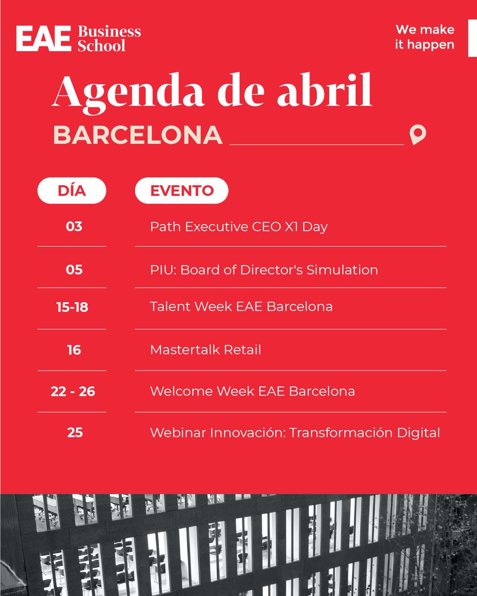 📅 ¡Arrancamos el cuarto mes con nuevas energías y eventos increíbles! Descubre las experiencias únicas que te esperan en #EAEBarcelona y #EAEMadrid este mes de abril. 🔗Eventos EAE Madrid: eaemadrid.com/es/actualidad/… 🔗Eventos EAE Barcelona: eaebarcelona.com/es/eventos