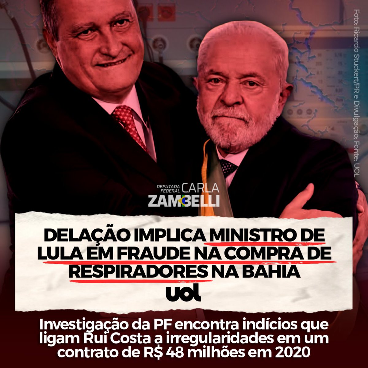 ZambelliCarla_'s tweet photo. LEMBRAM-SE DO CASO DOS RESPIRADORES DO CONSÓRCIO NORDESTE?

Segundo matéria da UOL, uma investigação da Polícia Federal encontrou indícios que ligam o ministro-chefe da Casa Civil de lula, Rui Costa, a irregularidades em um contrato de R$ 48 milhões para a compra de respiradores durante a pandemia. À época, ele era governador da Bahia e liderava o consórcio do nordeste. "Seu nome foi citado em delação premiada da empresária responsável pelo negócio, que devolveu R$ 10 milhões aos cofres públicos e apresentou extratos bancários de transferências a intermediários da venda", segundo a UOL.

Os respiradores nunca foram entregues, como vocês sabem e os valores — pagos adiantados — não foram totalmente recuperados.

SAIBA MAIS: https://t.co/YzNpB7Mc9K

⚠️ Já assinou a petição que será incluída no pedido de impeachment contra lula? ASSINE e COMPARTILHE 👉🏼 https://t.co/oW3t2qSQo9

#ForaLula