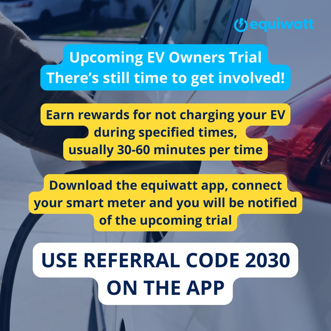 Thank you to over 100 of you that have already opted in for our EV Owners Trial this April & May! If you own an electric vehicle less than five years old and have a home charger, we invite you to participate. USE CODE 2030 when registering on the app. #ev #electricvehicle #evcar