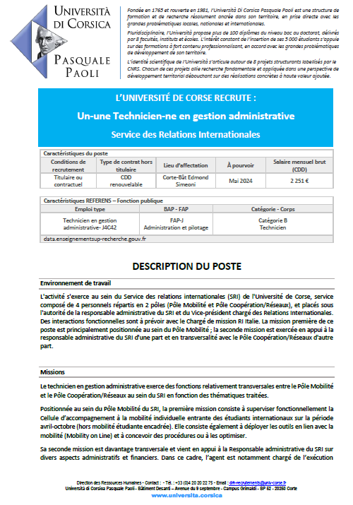 📢 Le service des relations internationales 🌍 de <a href="/UnivCorse/">Università di Corsica</a>  recrute un.e nouvel.le agent.e au sein de son pôle mobilité.⏲Clôture des candidatures : jeudi 25 avril 🎯Description précise du poste, modalités de candidature, salaire, etc. ↙️ universita.corsica/fr/recrutement/