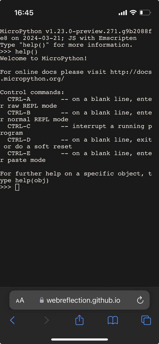 soon to be available on latest PyScript reease? a MicroPython terminal with a REPL like feature: webreflection.github.io/coincident/tes… what's cool about MicroPython? well, it's 'micro', so it will work in your phone too 🥳 courtesy of coincident, polyscript and the lovely PyScript project 💖