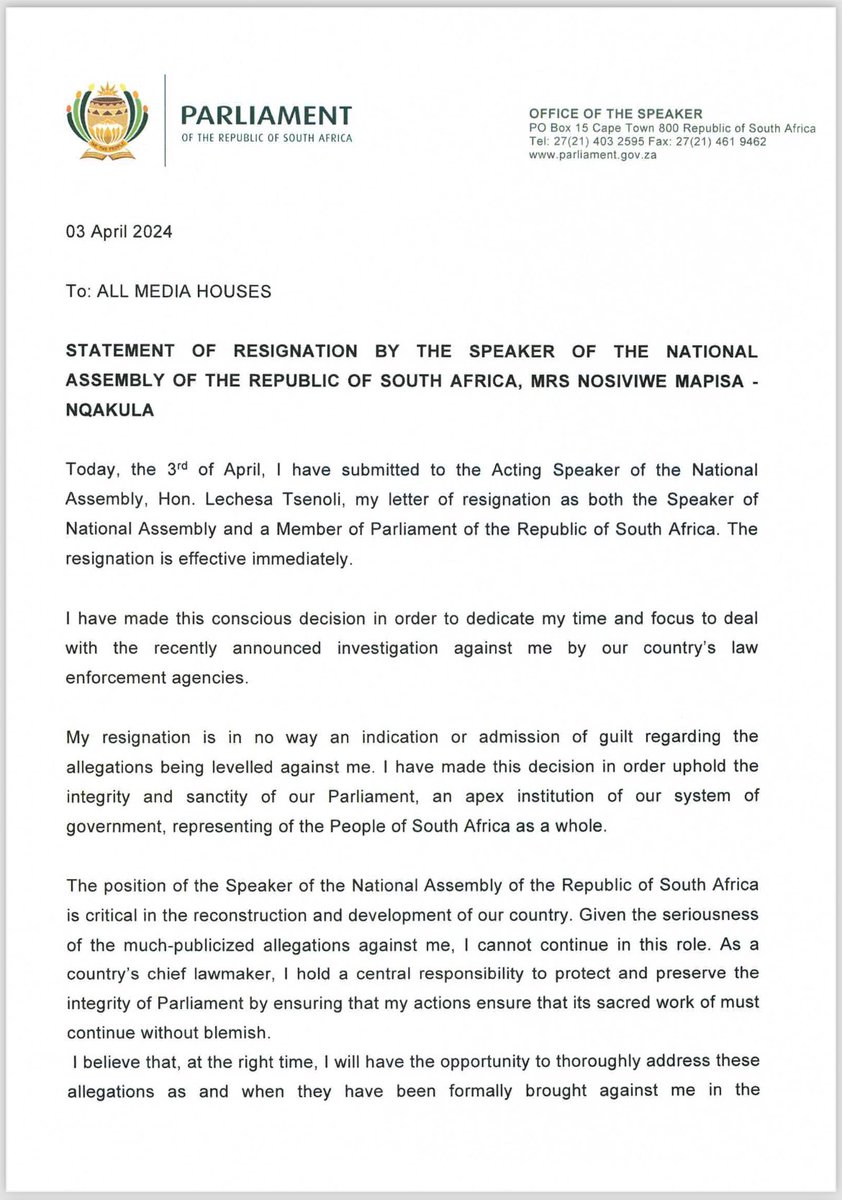 XoliMngambi's tweet image. [BREAKING NEWS]
National Assembly Speaker, Nosiviwe #MapisaNqakula resigns.