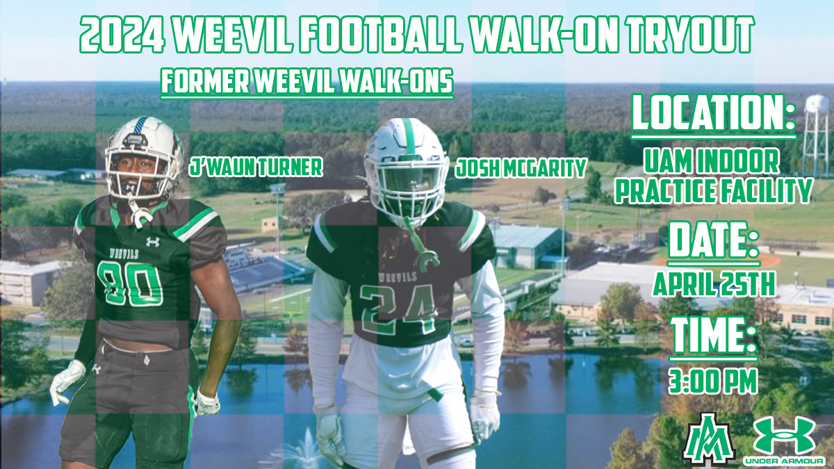 WeevilFootball's tweet photo. WALK-ON TRYOUT

Weevil Football will be hosting it's annual Walk-On Tryout on April 25th at 3:00 PM here at the IPF. All unsigned 2024s and current UAM students, this is your chance! These two former walk-ons earned scholarships in their career at UAM.

https://t.co/80YKpypZ7E https://t.co/hXCsk31xlB