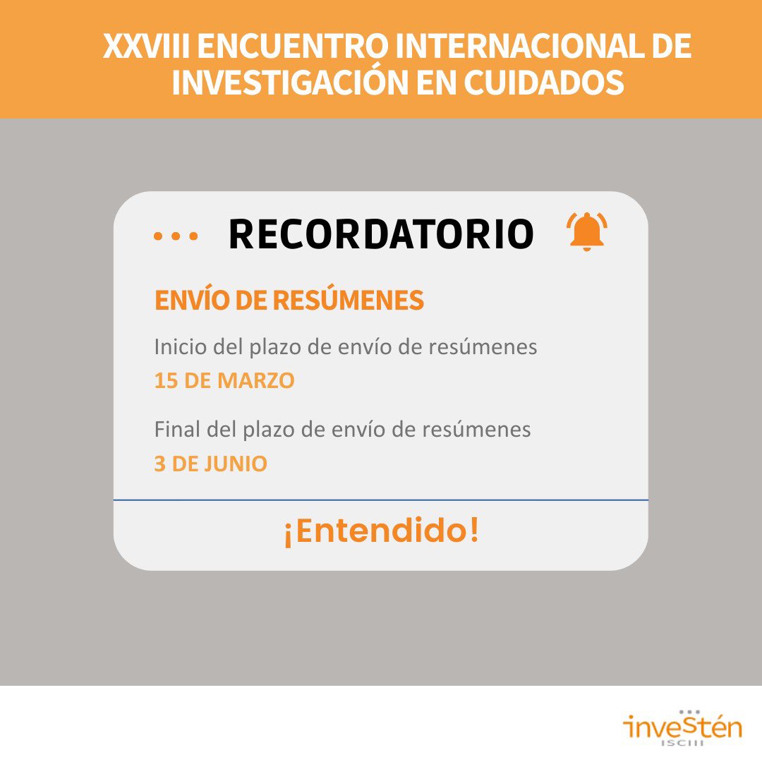 Investenisciii's tweet photo. 📣 ¡Recordatorio importante!

El plazo para enviar resúmenes al XXVIII Encuentro Internacional de Investigación en Cuidados está abierto hasta el 3 de junio. 🗓️

Prepárate para acudir al evento científico nacional de mayor relevancia en enfermería los días 13 al 15 de noviembre👇 https://t.co/Mc5RlPLR5o