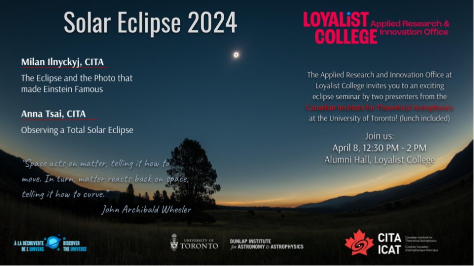 Join us for an exciting solar eclipse event at Loyalist College! This event will feature talks by two presenters from the Canadian Institute for Theoretical Astrophysics (<a href="/CITA_ICAT/">Canadian Institute for Theoretical Astrophysics</a>), before the eclipse reaches totality on April 8th. #Solareclipse #Belleville #UofT #BayofQuinte